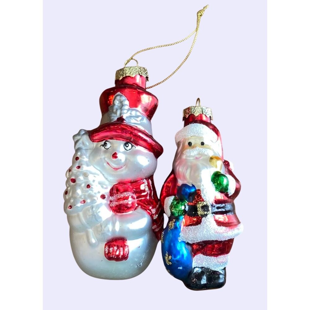 Vintage Santa & Snowman Christmas Ornaments Hand-Painted Glass Decorations